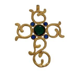 Carol Dauplaise Large Jeweled Cross Pendant Gripiox Brushed Gold 1980s